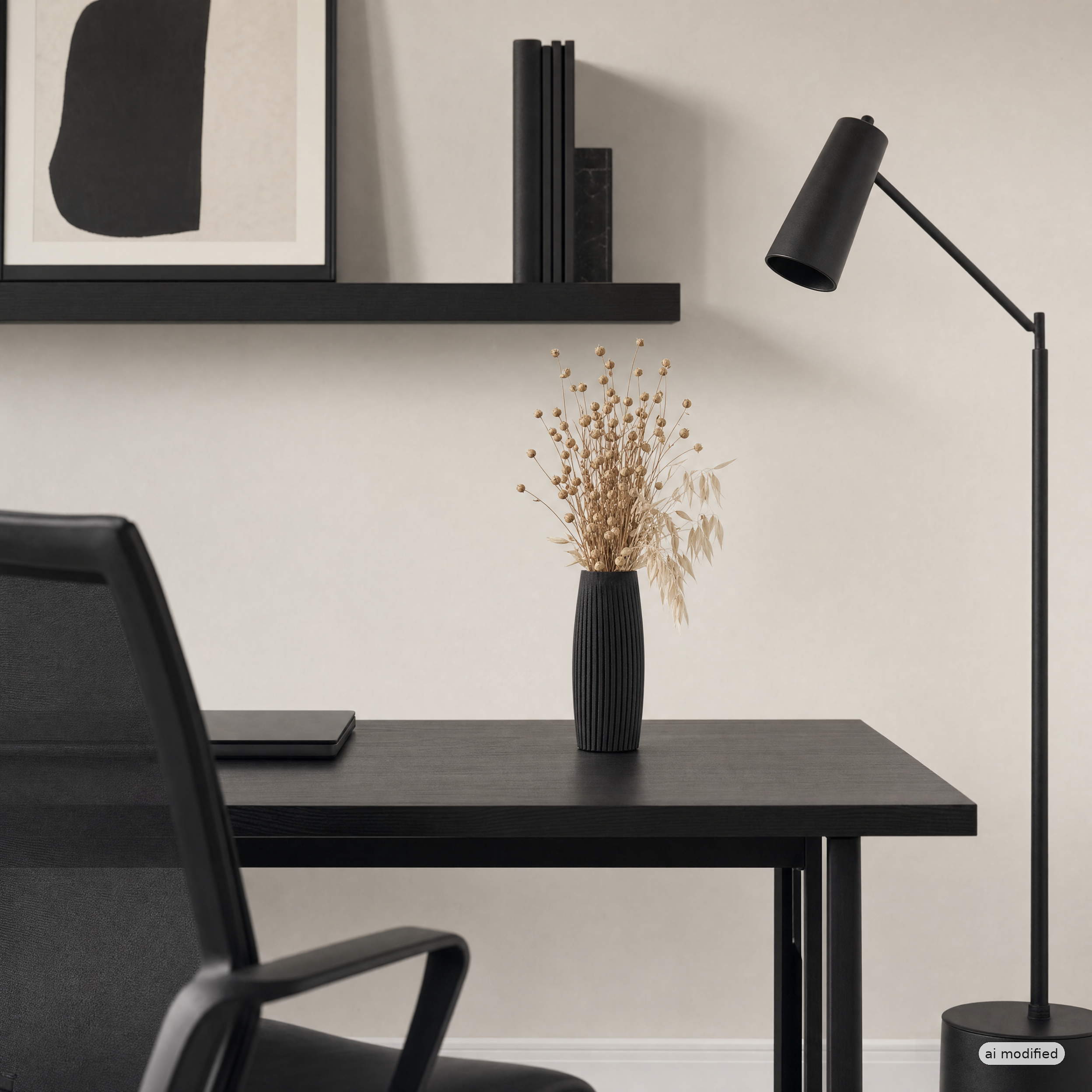 Schwarze geriffelte Vase: vertikale Geometrie für das Dark-Minimal